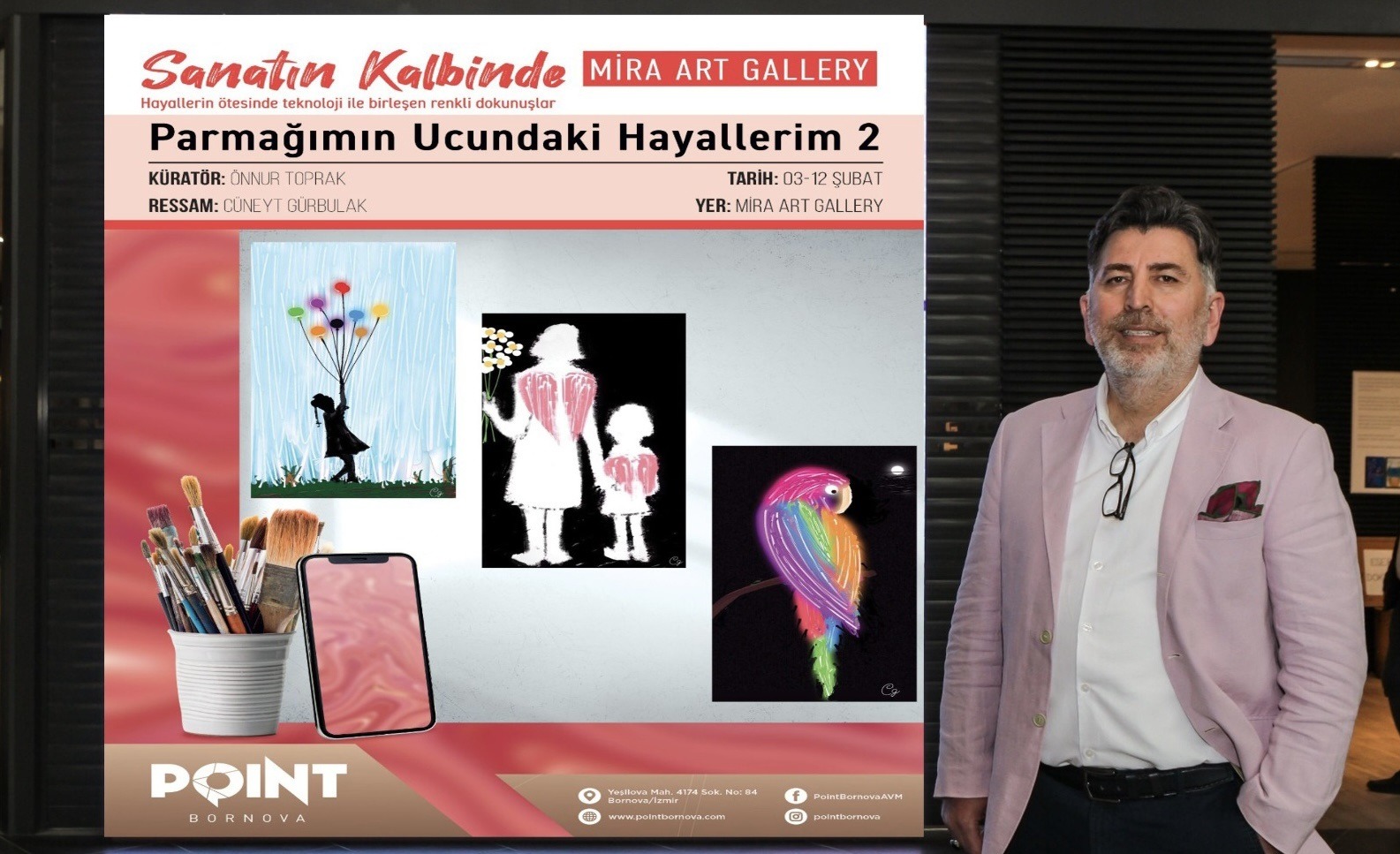 Ressam Cüneyt Gürbulak, resim yapıyor; tuvali, fırçası ve boyası yok,