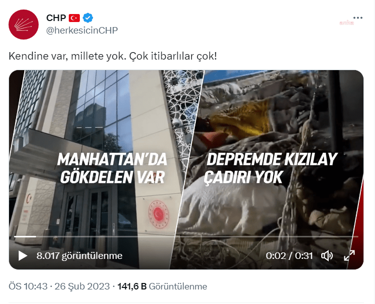 CHP, deprem bölgesindeki eksiklikler nedeniyle AKP iktidarını eleştiren bir video