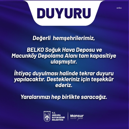 Ankara Büyükşehir Belediyesi (ABB), Kahramanmaraş merkezli meydana gelen iki büyük