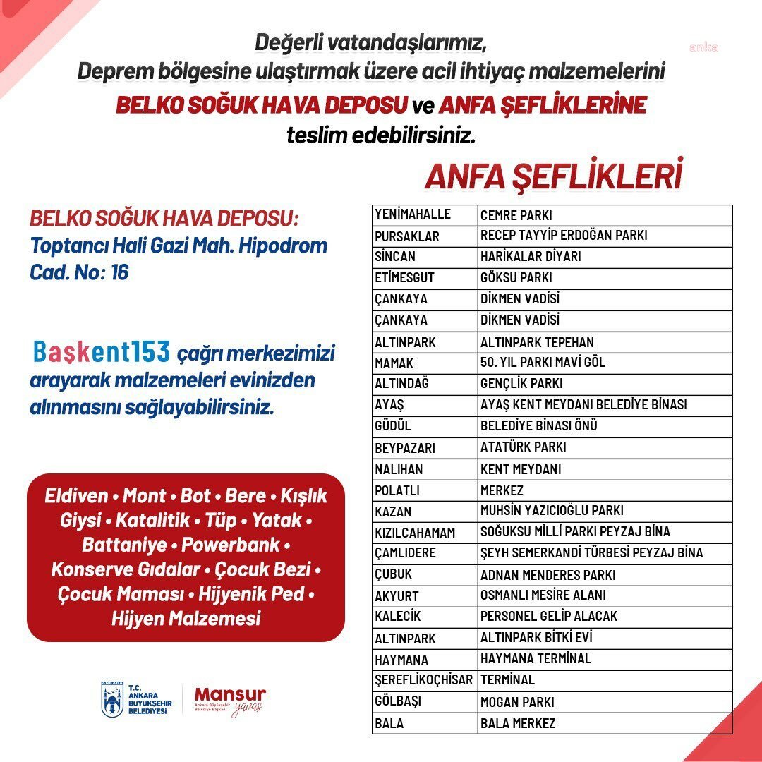 Ankara Büyükşehir Belediyesi, vatandaşların deprem bölgesine ulaştırılmak üzere acil ihtiyaç