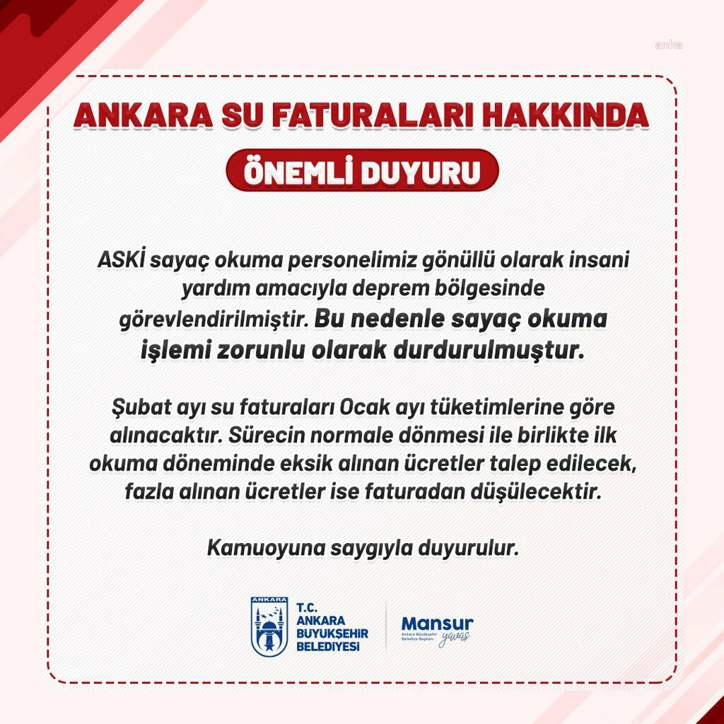 Ankara Büyükşehir Belediyesi, ASKİ sayaç okuma personelinin gönüllü olarak deprem