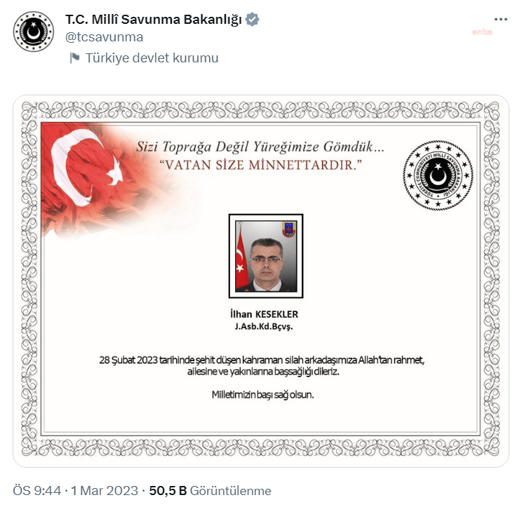 Milli Savunma Bakanlığı (MSB), Jandarma Astsubay Kıdemli Başçavuş İlhan Kesekler’in