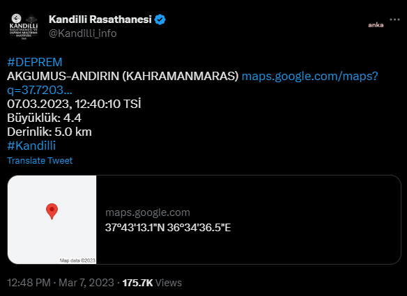 Kahramanmaraş Onikişubat’ta 4.4 Büyüklüğünde Deprem Oldu Kahramanmaraş'ın Onikişubat ilçesinde bugün saat 12:40’ta 4.4 büyüklüğünde deprem meydana