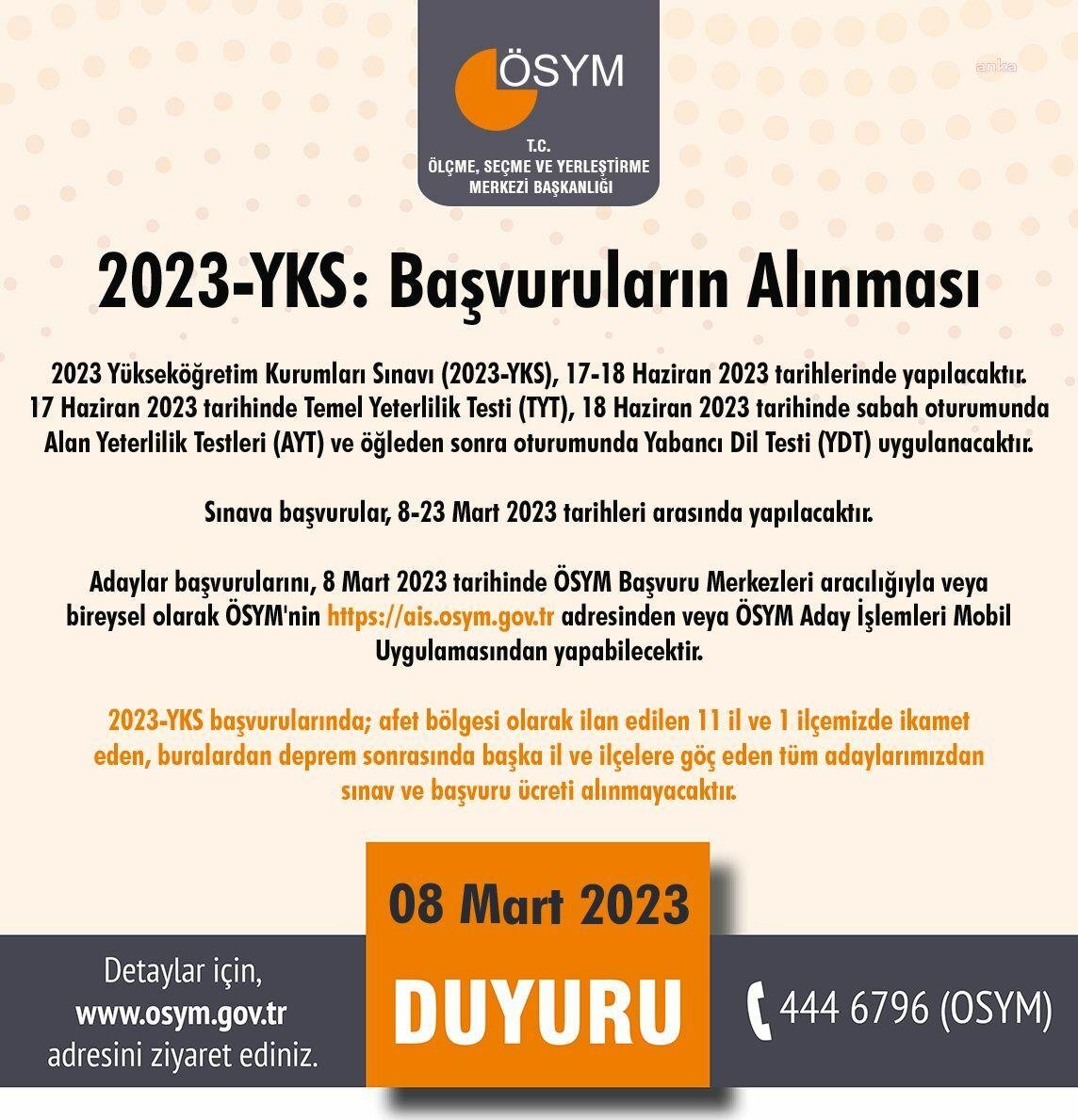 Ölçme, Seçme ve Yerleştirme Merkezi (ÖSYM), Yükseköğretim Kurumları Sınavı’nın (YKS)