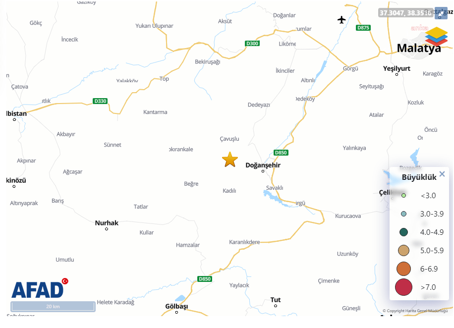 Malatya'nın Doğanşehir ilçesinde, dün saat 23.42'de, 7 kilometre derinlikte, 4.1
