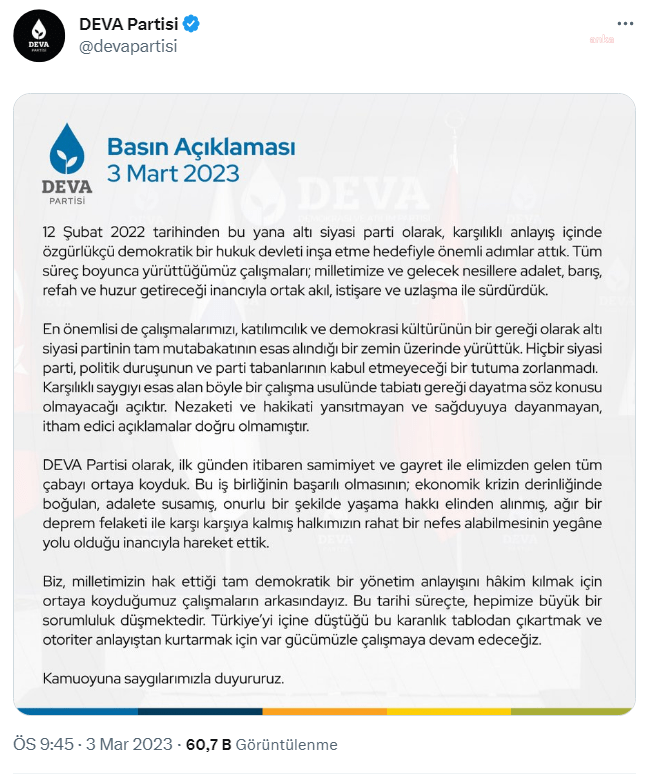 deva-partisi-hicbir-siyasi-parti-politik-durusunun-ve-parti-tabanlarinin-kabul-etmeyecegi-bir-tutuma-zorlanmadi