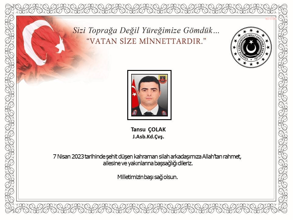 Milli Savunma Bakanlığı (MSB), jandarma astsubay kıdemli çavuş Tansu Çolak’ın