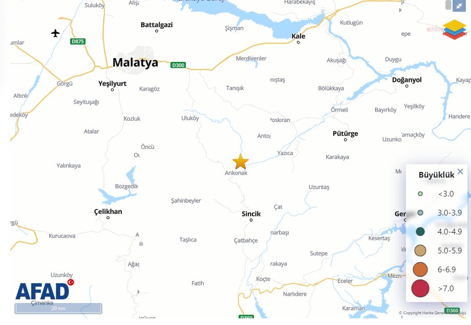 Malatya’nın Pütürge ilçesinde, bugün saat 00.35'te, 5.44 kilometre derinlikte, 4.4