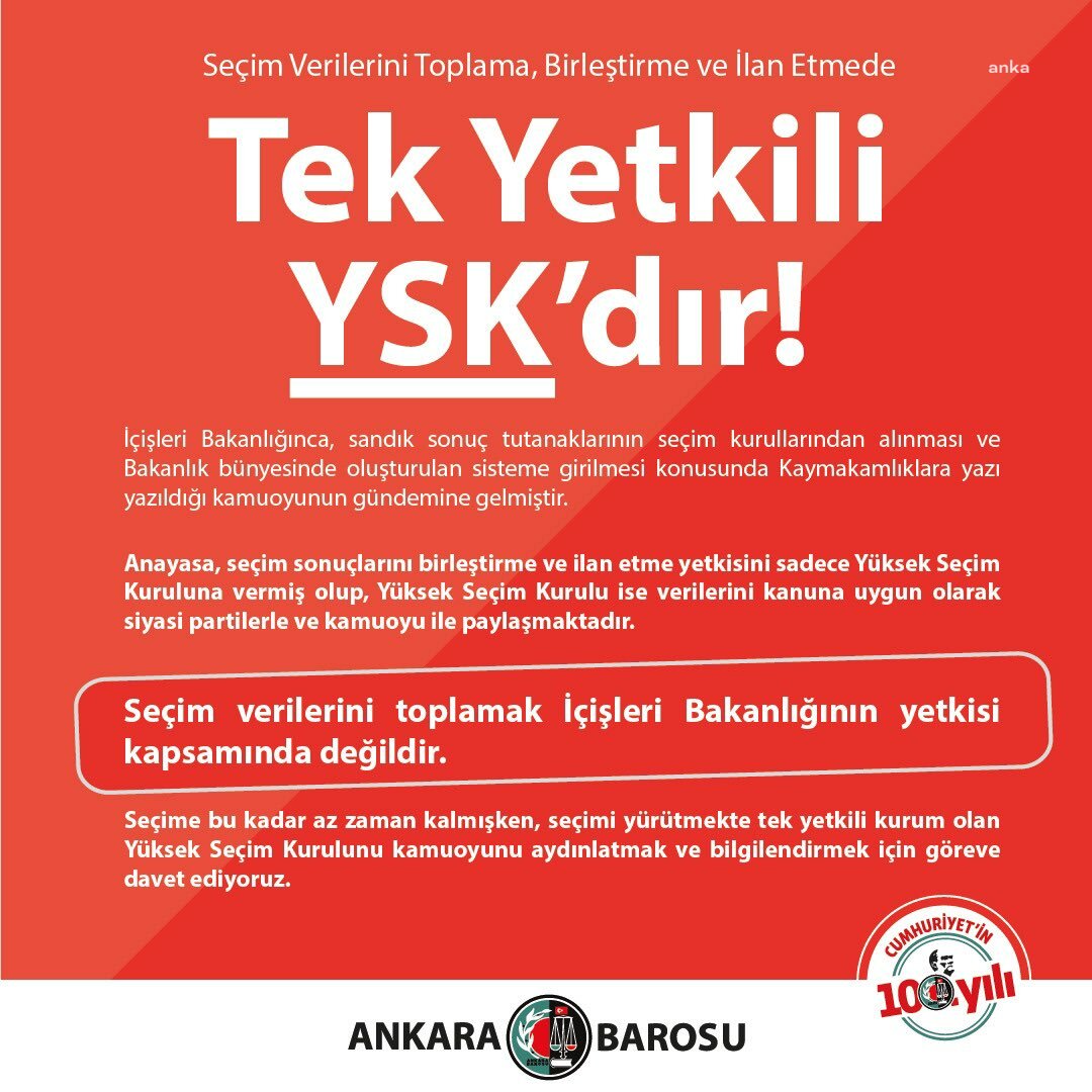 Ankara Barosu, sandık sonuç tutanaklarının seçim kurullarından alınması ve İçişleri