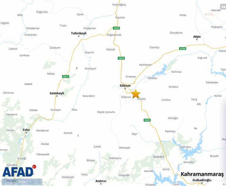 AFAD; Kahramanmaraş’ın Göksun ilçesinde saat 19.40’ta, 11 kilometre derinlikte, 4.4