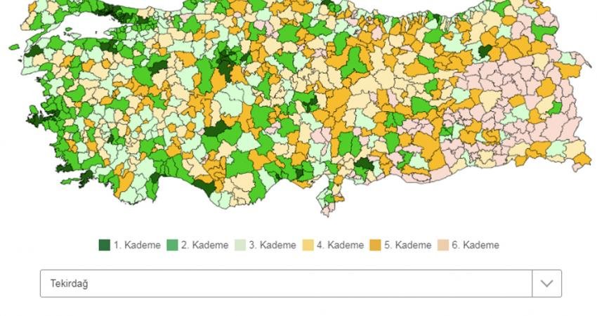 Sanayi ve Teknoloji Bakanlığı'nın Türkiye'deki ilçelerin sosyoekonomik gelişmişliklerini 56 farklı