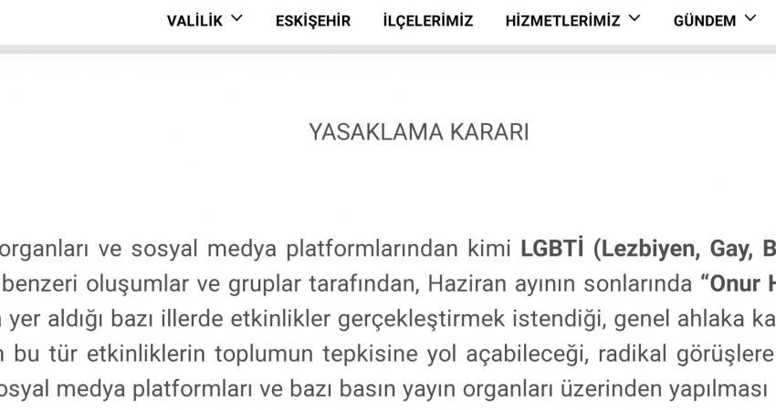 Eskişehir Valiliği, kentte ‘Onur Ayı’ nedeniyle düzenlenecek etkinliklerin provokasyon olabileceği