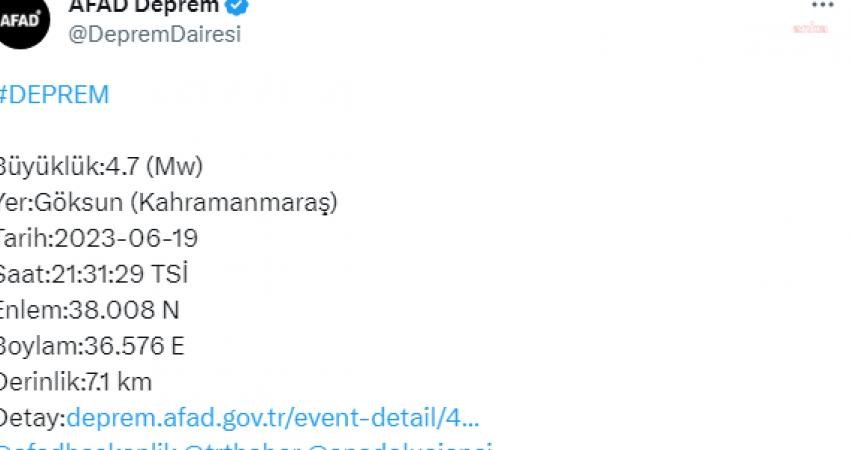 Kahramanmaraş’ın Göksun ilçesinde, bugün saat 21.31’de 7 kilometre derinlikte 4.7