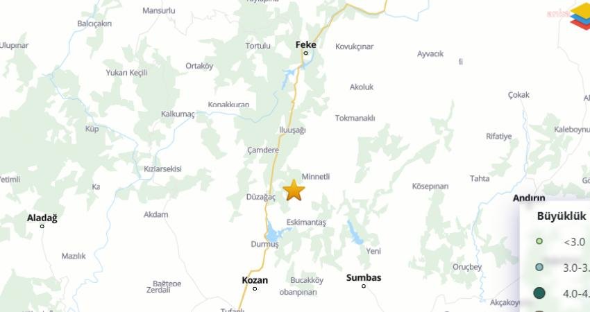 Adana’nın Kozan ilçesinde saat 10:57’de 4.4 büyüklüğünde deprem oldu.