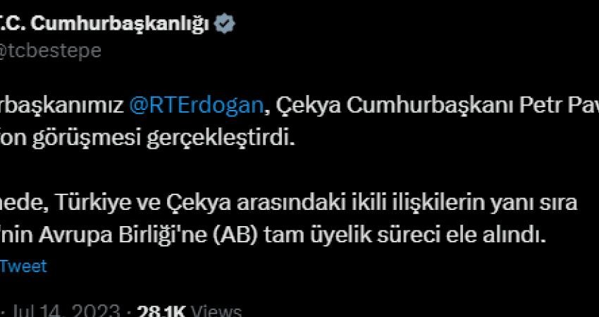 Cumhurbaşkanı Recep Tayyip Erdoğan, Çekya Cumhurbaşkanı Petr Pavel ile telefonda