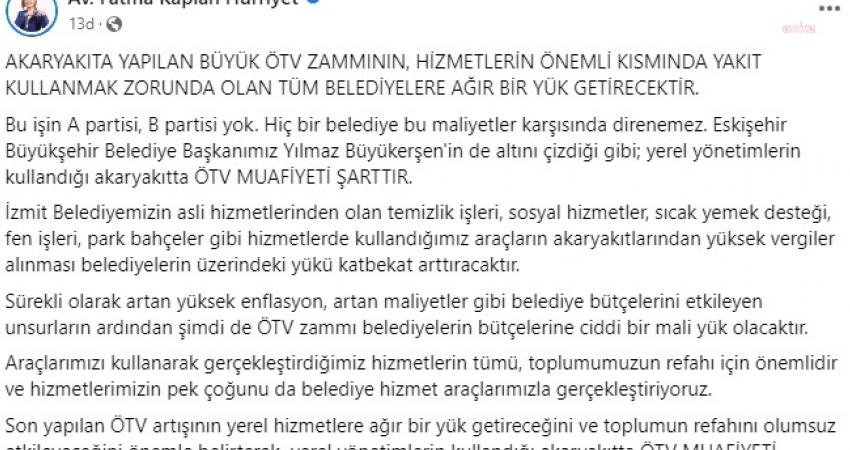 İzmit Belediye Başkanı Fatma Kaplan Hürriyet, akaryakıta yapılan ÖTV zammının