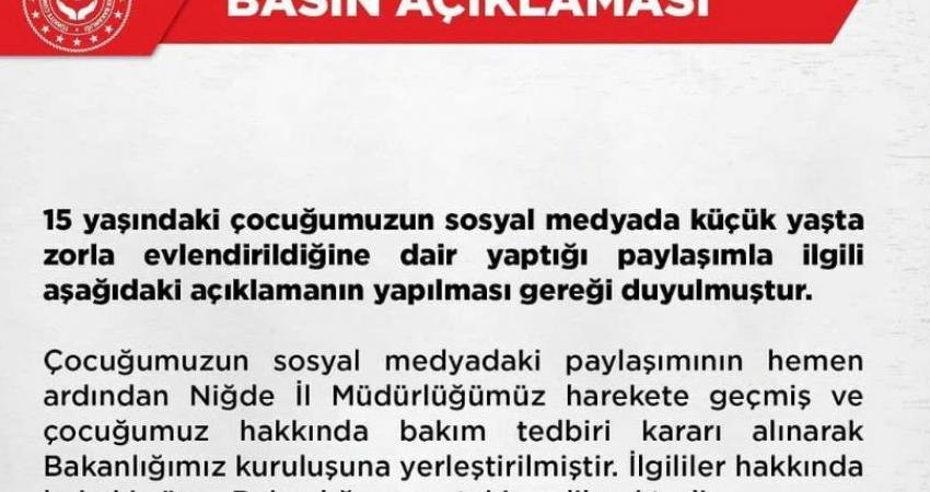 Niğde’de Sosyal Medya Hesabından Zorla Evlendiriğini Duyuran Çocuk, Aile ve Sosyal Hizmetler Bakanlığı Tarafından Koruma Altına Alındı Niğde'nin Altunhisar ilçesinde sosyal medya hesabından zorla evlendirildiği ve taciz