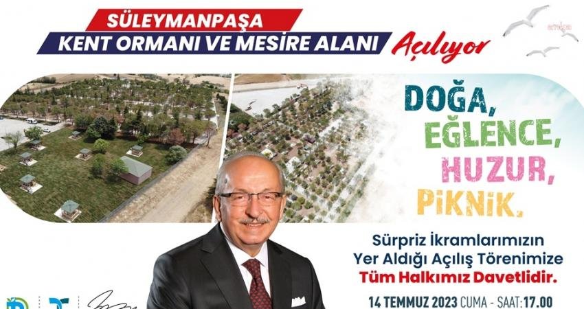 Tekirdağ Büyükşehir’in Süleymanpaşa Kent Ormanı ve Mesire Alanı Açılıyor Tekirdağ Büyükşehir Belediyesi, yapımını tamamladığı Süleymanpaşa Kent Ormanı ve Mesire