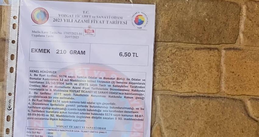 Yozgat’ta Ağırlığı 10 Gram Artırılan Ekmeğe 2 Lira Zam Geldi, 6.50 Liradan Satılmaya Başlandı Yozgat Esnaf ve Sanatkârlar Odaları Birliği (ESOB) tarafından, fırıncıların talebi
