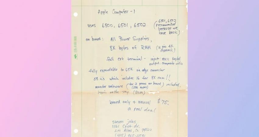 Steve Jobs'un Apple-1 bilgisayarı için elleriyle yazdığı reklam metni, küçük