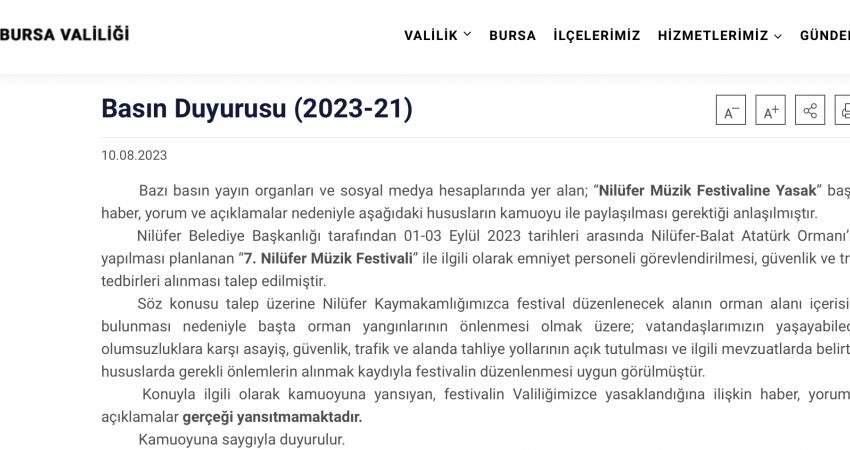 Bursa Valiliği, Kamp ve Alkol Yasağı Kararına Değinmeden Nilüfer Müzik Festivali’nin Yasaklanmadığını Açıkladı… Belediyeye Gönderilen Yazıda Yasakların Sıralandığı Görüldü Bursa’da Nilüfer Belediyesi, düzenleyeceği Nilüfer Müzik Festivali’ni, Bursa Valiliğinin kamp