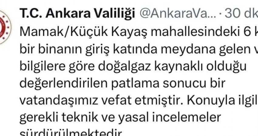 Ankara Valilliği, Mamak Küçük Kayaş Mühallesi'nde bir binada doğalgaz patlaması