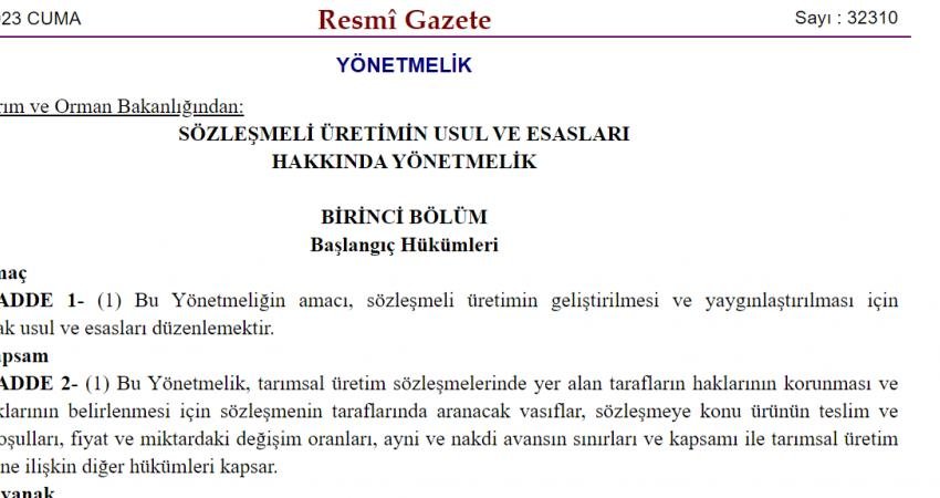 Sözleşmeli üretimin usul ve esaslarına ilişkin Tarım ve Orman Bakanlığı’nın