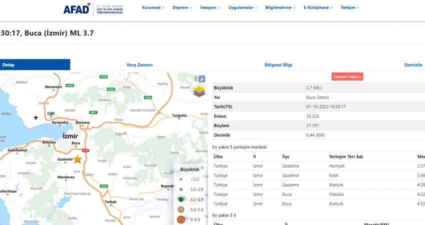 AFAD, İzmir’de bugün saat 16:30'da Buca ilçesi merkezli 3,7 büyüklüğünde