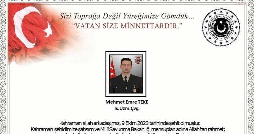 Milli Savunma Bakanlığı (MSB), İstihkâm Uzman Çavuş Mehmet Emre Teke'nin Pençe-Kilit