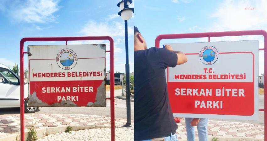 Menderes Belediyesi tarafından ilçe genelindeki tabelalarda yenileme ve düzenleme çalışması
