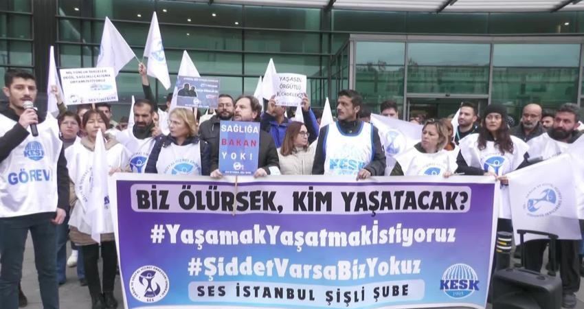 Sağlık ve Sosyal Hizmet Emekçileri Sendikası (SES) üyeleri, İstanbul Okmeydanı’ndaki