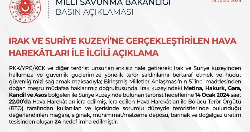Milli Savunma Bakanlığı (MSB), “Irak kuzeyindeki Metina, Hakurk, Gara, Kandil