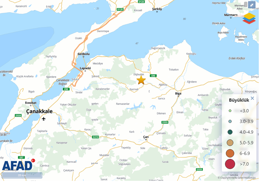 Çanakkale’nin Biga ilçesinde saat 16,09’da, 4,6 büyüklüğünde deprem meydana geldi.