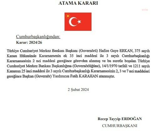 Merkez Bankası Başkanlığı’na Fatih Karahan Atandı
Görevden affını isteyen Hafize Gaye Erkan, Merkez Bankası Başkanlığı’ndan alındı. Merkez Bankası Başkanlığı’na, mevcut Başkan Yardımcısı Fatih Karahan atandı.