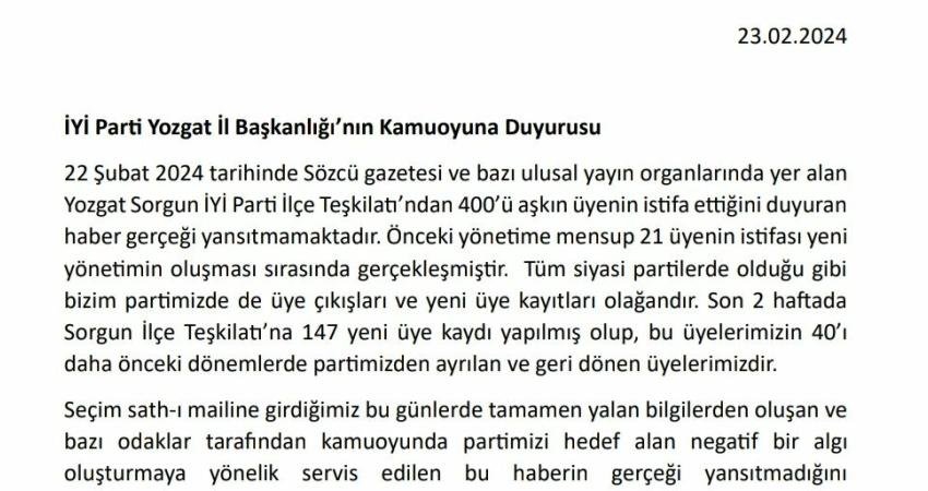 İYİ Parti Yozgat İl Başkanlığı, ”Sorgun İYİ Parti İl&ccedil;e Teşkilatı&rsquo;ndan