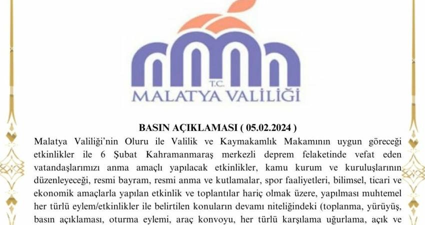 Malatya Valiliği, 6 Şubat depremlerinin yıl dönümünde anma amaçlı yapılacak