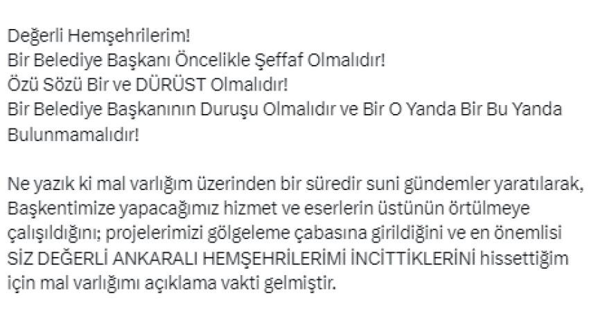 Ankara B&uuml;y&uuml;kşehir Belediye Başkanı Mansur Yavaş’ın mal varlığını a&ccedil;ıklamasının ardından,