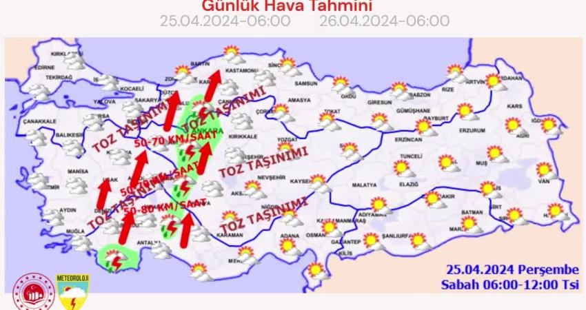 Meteoroloji Genel Müdürlüğü (MGM), bugün toz aşınımı ve kuvvetli rüzgar