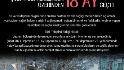 Türk Tabipleri Birliği (TTB), "Şubat 2023 depremlerinin üzerinden tam 18