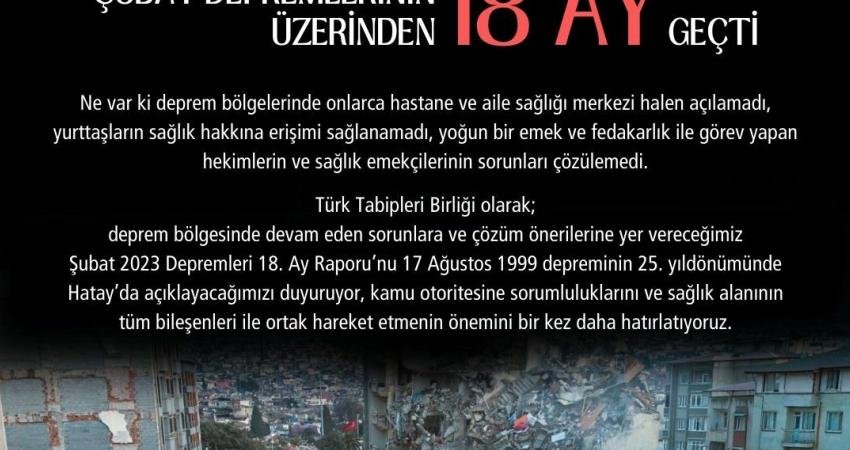 Türk Tabipleri Birliği (TTB), "Şubat 2023 depremlerinin üzerinden tam 18