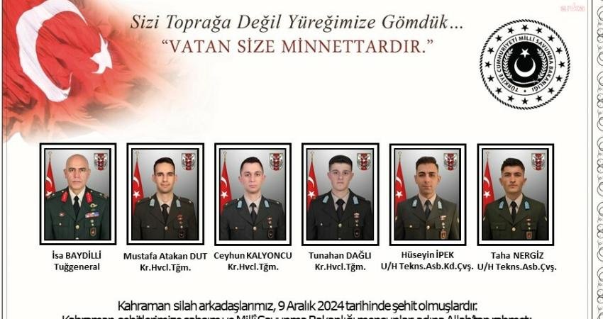 Milli Savunma Bakanı (MSB) Yaşar Güler, helikopter kazası sonucu şehit