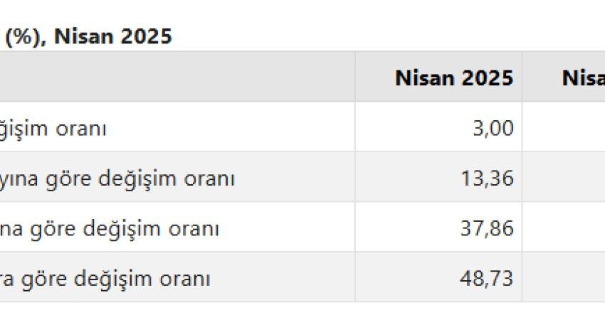 Türkiye İstatistik Kurumu (TÜİK) Nisan 2025 itibarıyla aylık enflasyonun yüzde