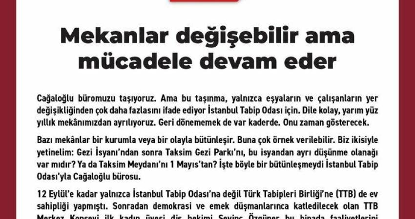 İstanbul Tabip Odası, yıllardır faaliyet gösterdiği Cağaloğlu’ndaki Merkez Büro'nun deprem