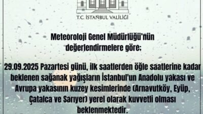 Meteoroloji Genel Müdürlüğü’ne göre, yarının ilk saatlerden öğle saatlerine kadar