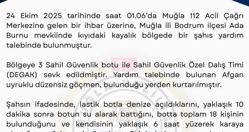 Muğla Valiliği'nden yapılan açıklamaya göre, Bodrum ilçesi açıklarında düzensiz göçmenleri