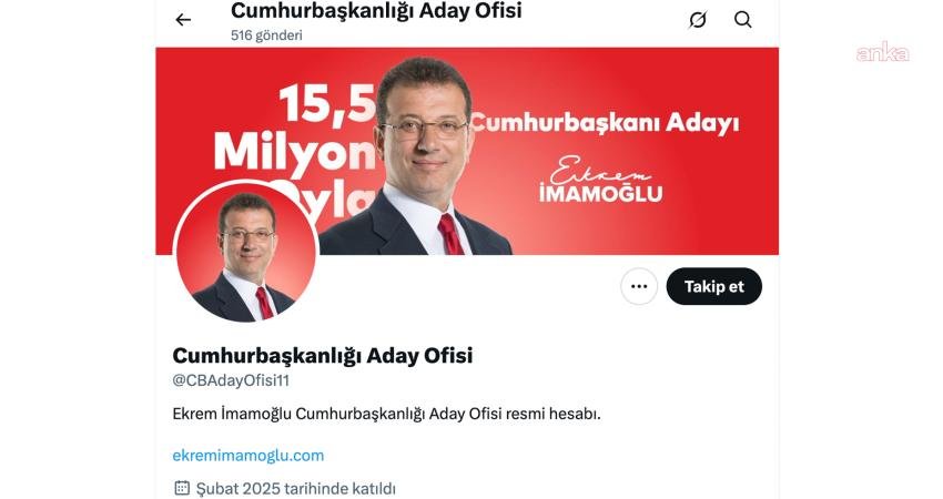 Ekrem İmamoğlu’nun kullanıcı adı değişen “X” hesabına da erişim engeli getirildi Ekrem İmamoğlu'nun Cumhurbaşkanlığı Aday Ofisi’nin X hesabının (CBAdayOfisi) dün engellenmesinin