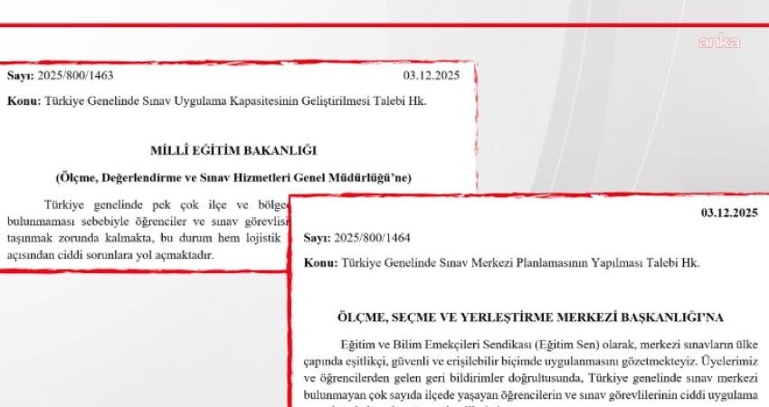 Eğitim Sen’den ÖSYM’ye “sınav merkezi” çağrısı Eğitim Sen, Türkiye genelinde sınav merkezi bulunmayan ilçelerde yaşanan sorunların