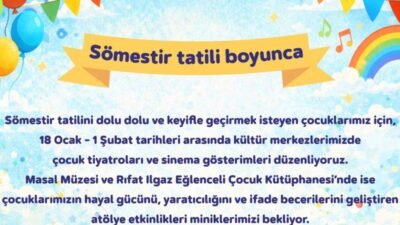 Kartal Belediyesi, yarıyıl tatili dolayısıyla 19 Ocak-01 Şubat 2026 tarihleri
