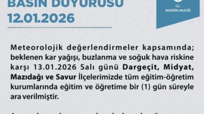 Mardin Valiliği, beklenen kar yağışı ve olumsuz hava koşulları nedeniyle