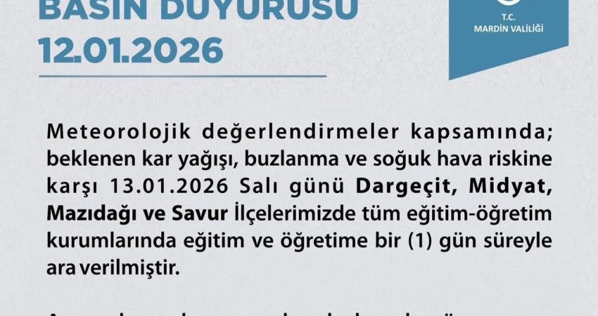 Mardin Valiliği duyurdu: 4 ilçede eğitime 1 gün ara Mardin Valiliği, beklenen kar yağışı ve olumsuz hava koşulları nedeniyle